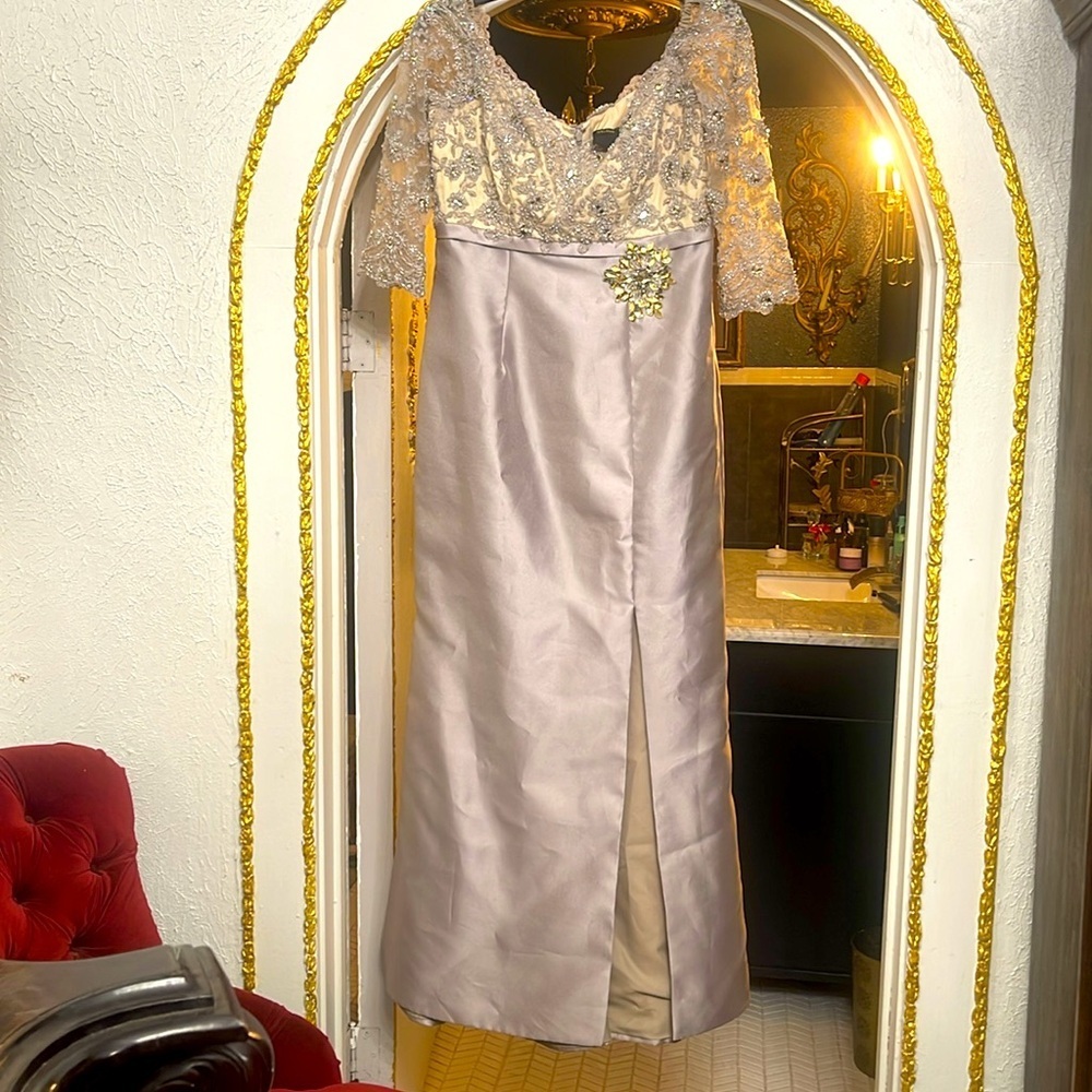 Terani Couture Silver and Cream Embellished Dress 10